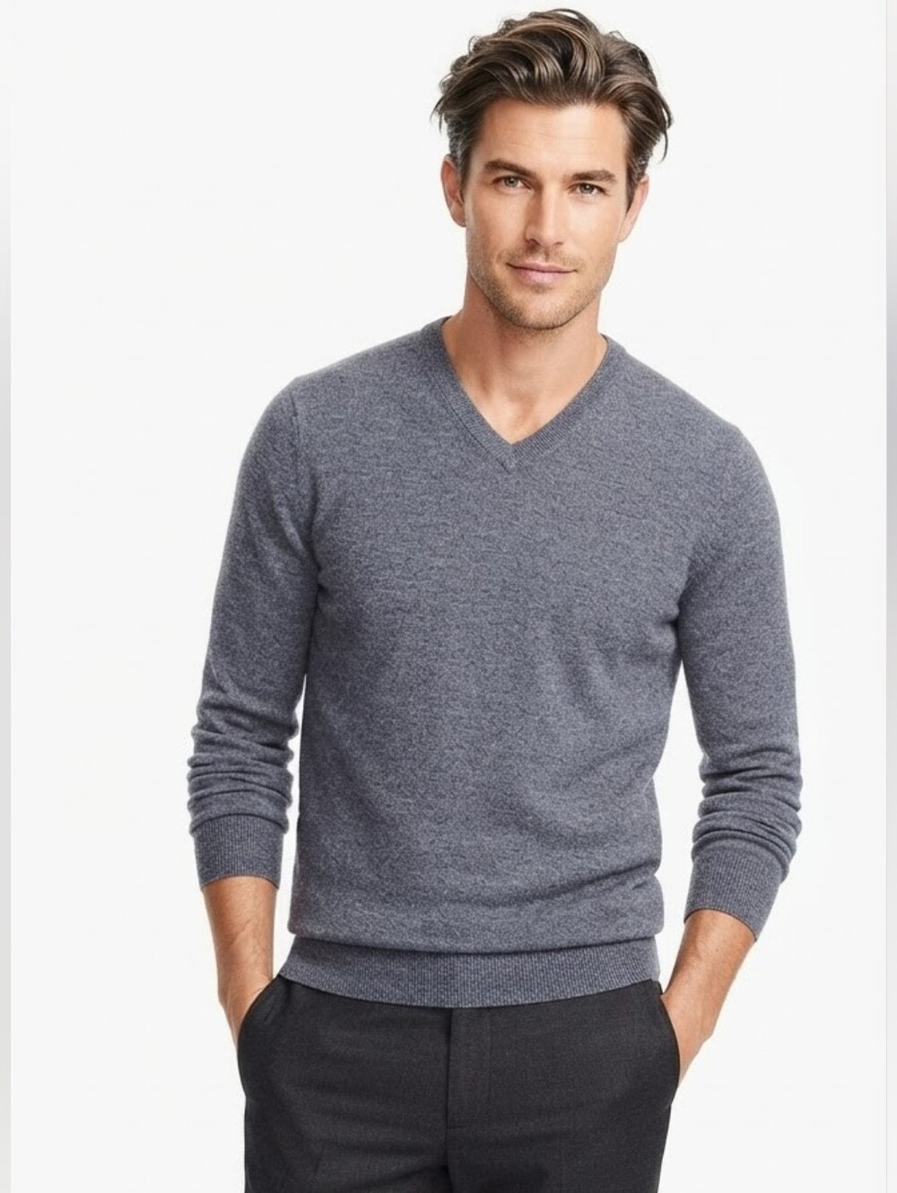 Tahari Tollegno 1900 Machine Washable Italian Merino Wool V-Neck Sweater M Gray